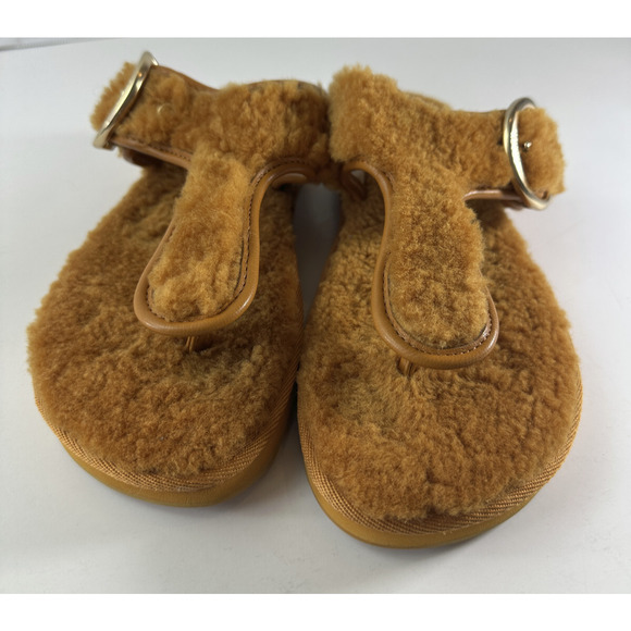 Coach Hollie Flip Flops Plush Shearling Slip On Thong Sandals Butterscotch Sz 9B - Picture 3 of 14